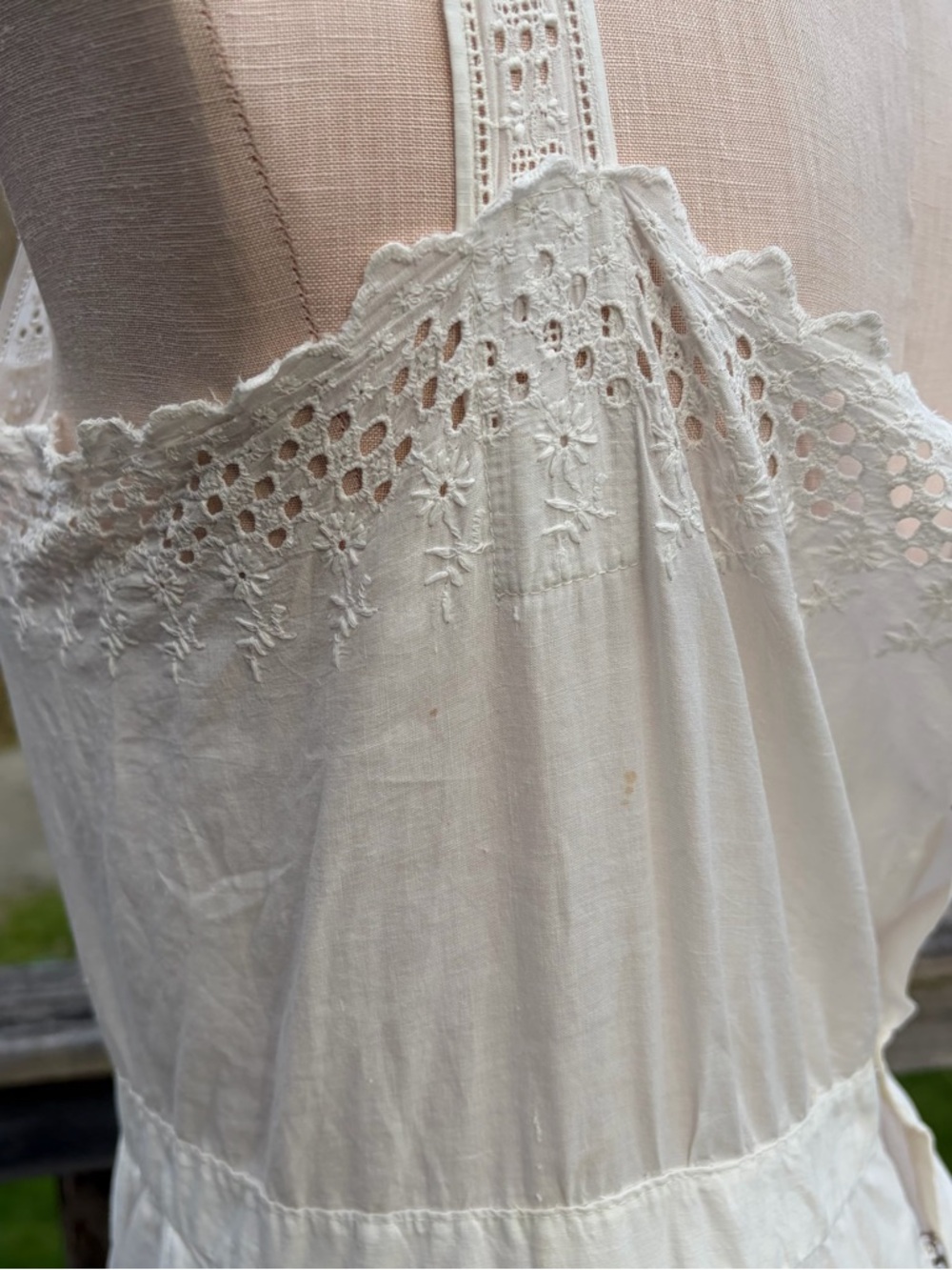 Antique Edwardian White Cotton Eyelet Tiered Prairie Midi Petticoat Dress Size 8 - Picture 12 of 16